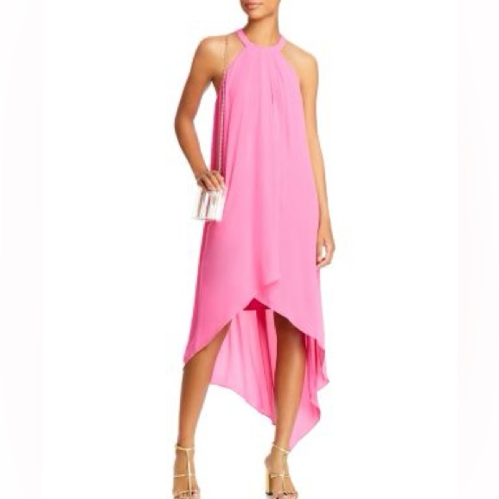BCBGMAXAZRIA Pink Lanna Chiffon High Low Flowy Halter Pleated Dress size large